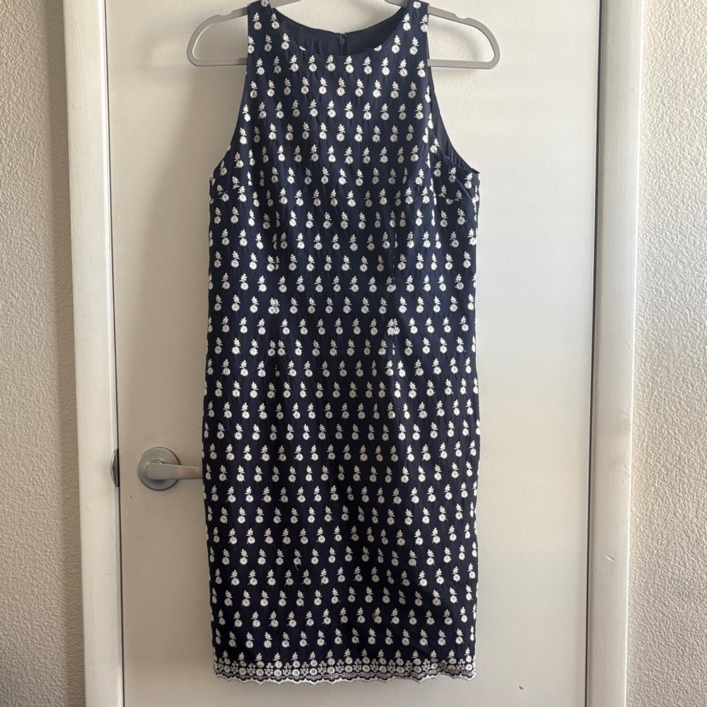 Ann Taylor Navy Cotton Preppy Midi Dress with White  Motif SZ 10